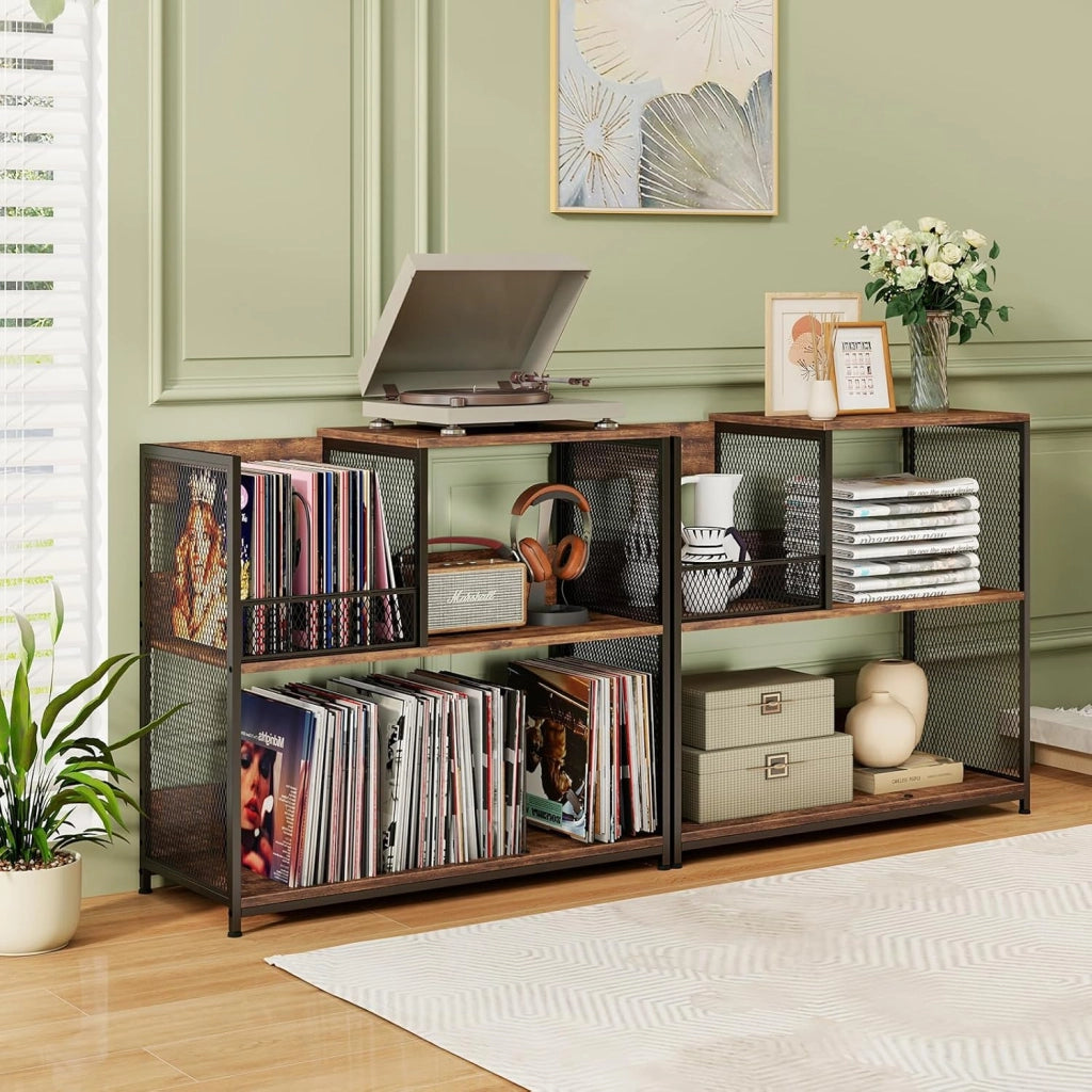 Supporto per Giradischi in Vinile Fino a 300 Album, Espositore per Dischi a 3 Ripiani con 3 Divisori Rimovibili, Mobile Giradischi in Legno e Metallo per Soggiorno, Camera da Letto (Marrone)
