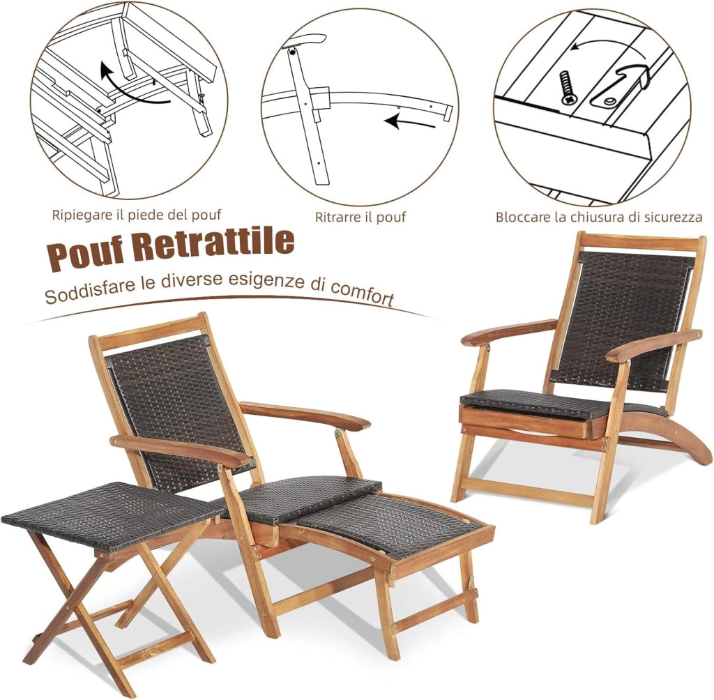 Set Sedia a Patio e Tavolo, Poltrona con Poggiapiedi Telescopico Lungo, Mobili da Giardino da Esterno Pieghevole, in Rattan e Legno di Acacia, per Esterni, Giardino, Cortile