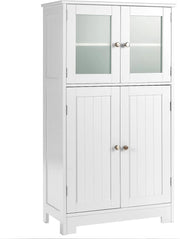Armadietto del Bagno con 4 Ante, Armadietto con Ante di Vetro, Credenza di Legno con Mensole Regolabili, Organizer Multiuso per Casa Corridoio Salone Ufficio, Bianco