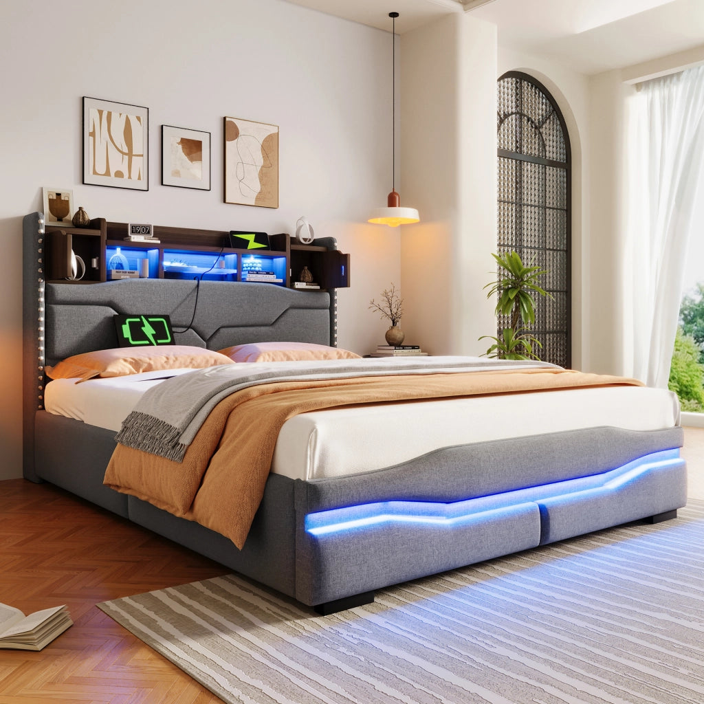 OKWISH Letto Contenitore 140×200 cm, Letto Matrimoniale con USB, Tipo C, LED Regolabile e Vano Contenitore in Testiera, senza Materasso, Lino Grigio