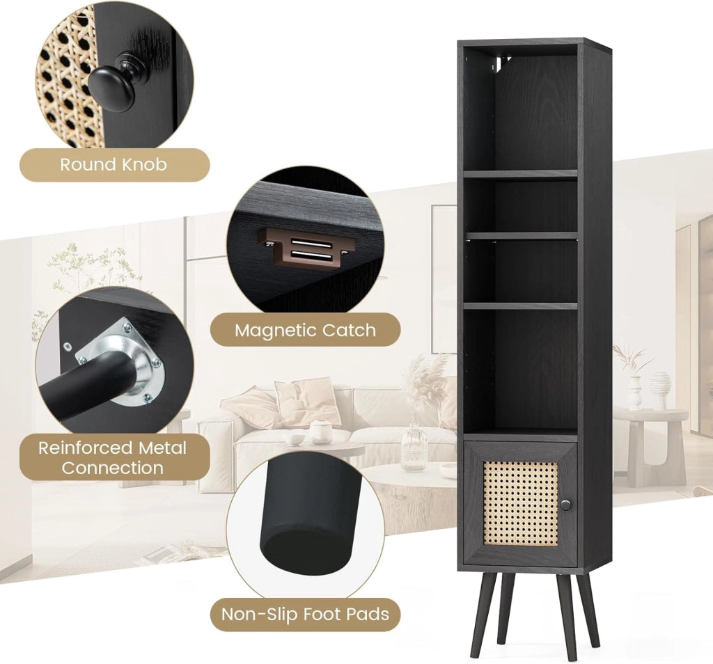 Libreria, armadietto sottile con 4 ripiani e porte, scaffale per soggiorno e ufficio, 29,5 x 29,5 x 137 cm (nero)