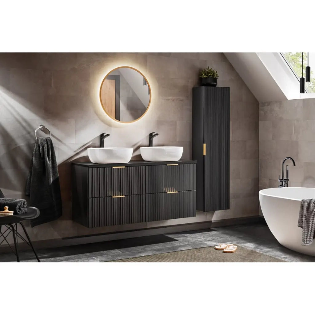 Grande mobile sotto lavabo NOXERA 120 cm – Nero opaco – 2 lavabi + specchio LED + colonna