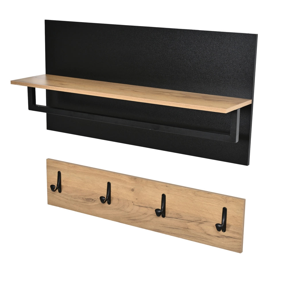 Garderoba ingresso 156x36x176 cm con specchio; ganci e scarpiera regolabile in MDF naturale e nero