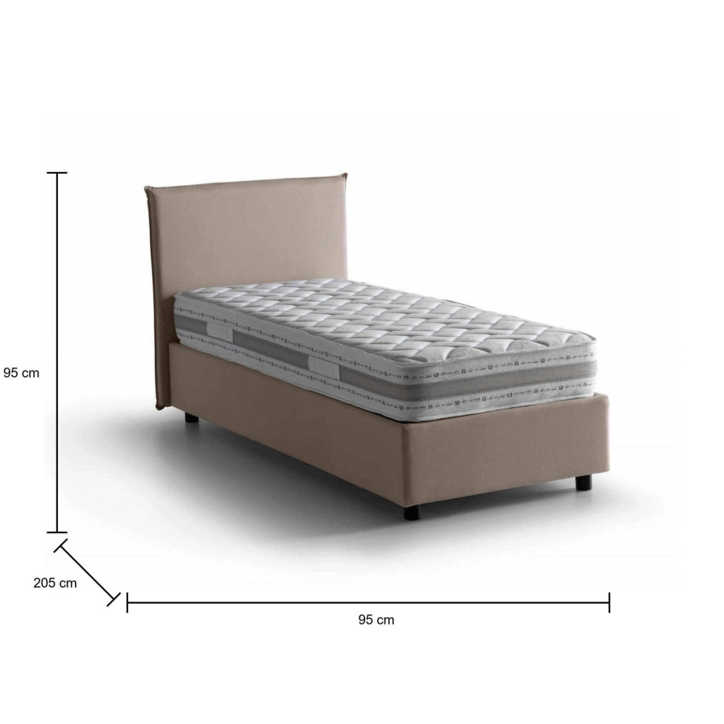 Letto singolo Astor, Letto contenitore con rivestimento in tessuto, Made in Italy, Apertura laterale, con materasso cm 80x190 incluso, Tortora