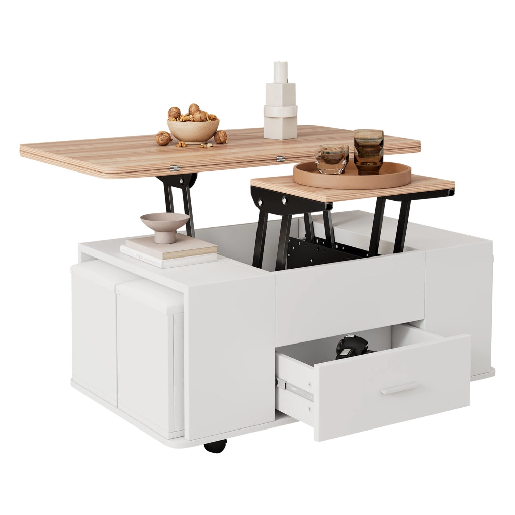 Tavolino da salotto sollevabile e allungabile con 4 sgabelli contenitore, bianco e effetto legno, 100x50 cm
