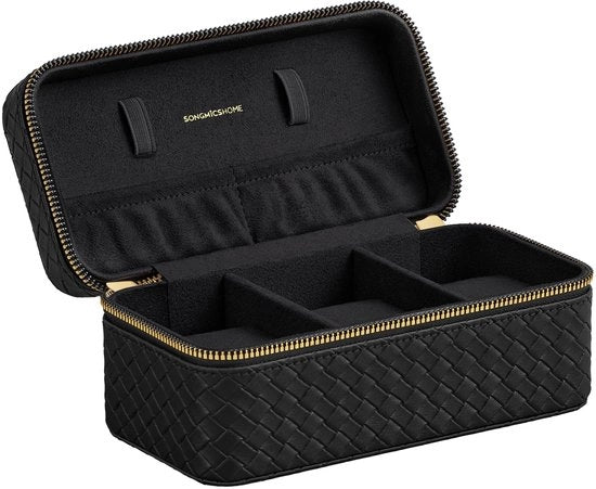 Cassa orologio portatile per viaggio, contenitore per 3 orologi, pelle PU con aspetto intrecciato, 10 x 20 x 9 cm, idea regalo, collezione RONNE, coperchio nero, imbottitura nera
