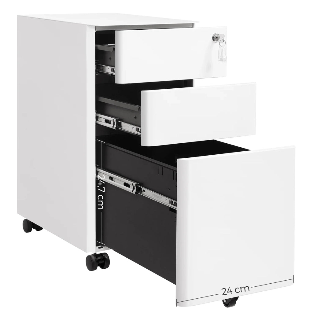 Mobiletto portaoggetti mobile per ufficio 30 x 46 x 59,2 cm con ruote e serratura per documenti e cartelle sospese con 3 cassetti bianco 12_0004825
