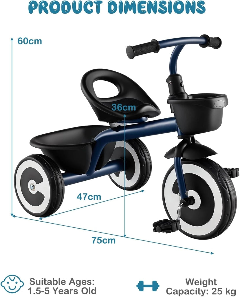 Triciclo Bambino 1-5 Anni, Triciclo Evolutivo con Sedile Comodo Regolabile in 2 Posizioni, Struttura a Triangolo Stabile, 2 Cestini di Stoccaggio, Ruote Antiscivolo, Carico 25 KG (Blu Scuro)