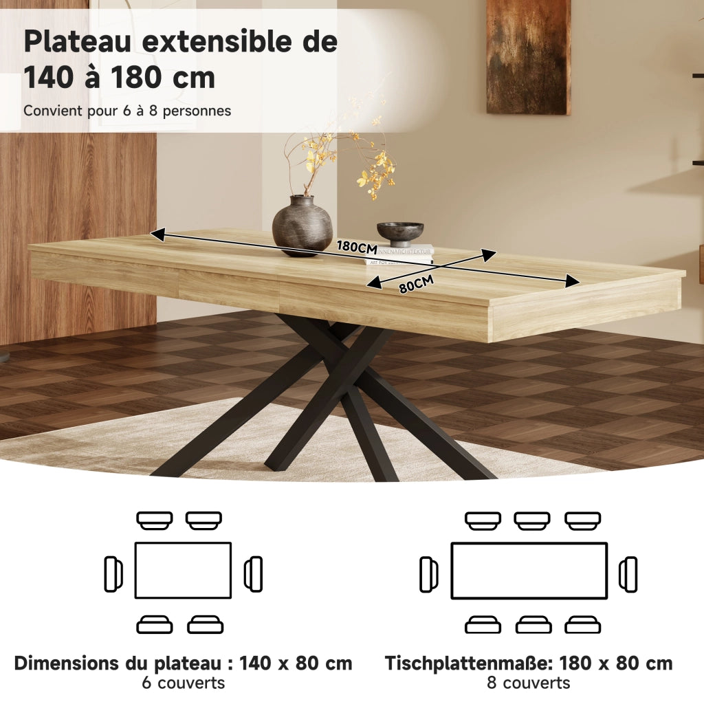 Tavolo da pranzo allungabile per 6-8 persone con piano spesso e gambe incrociate per cucina e soggiorno in MDF rovere