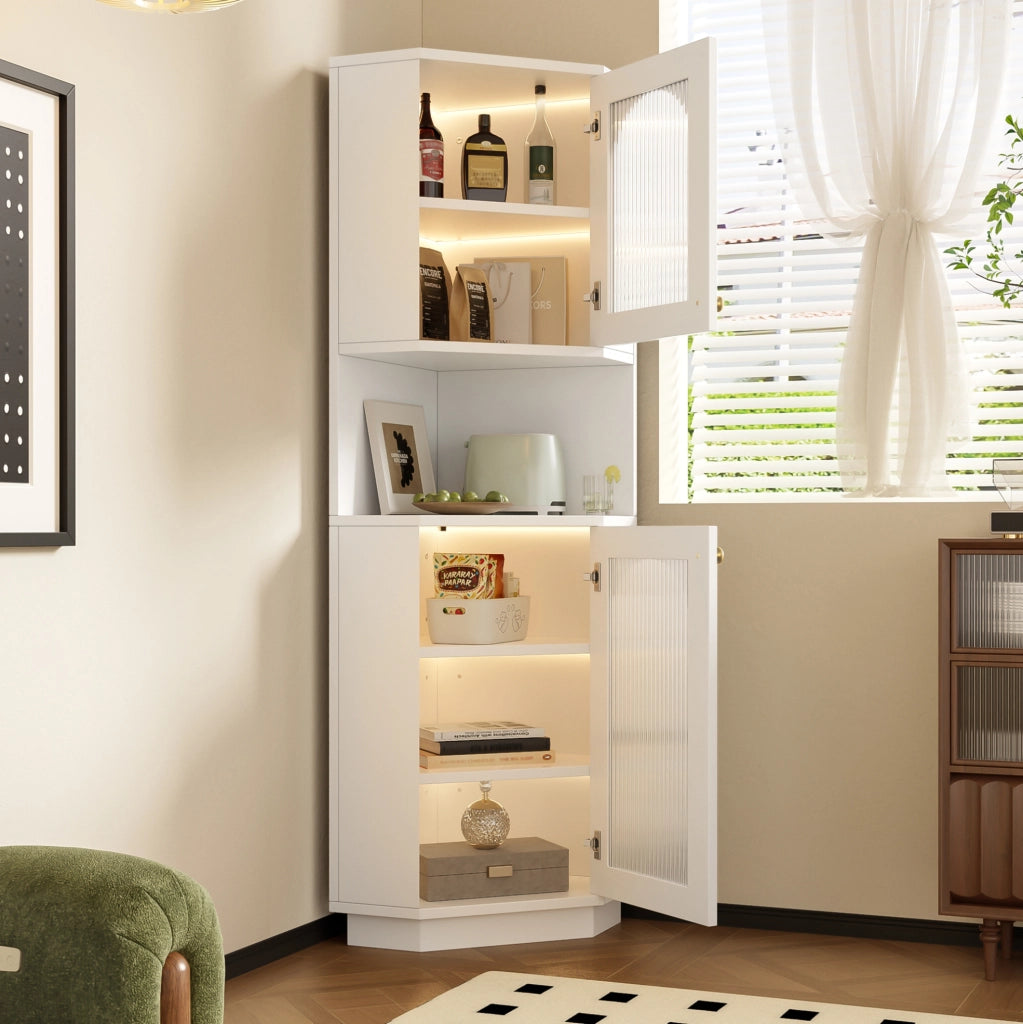 Armadietto ad angolo con luce interna e ripiani aperti in MDF bianco