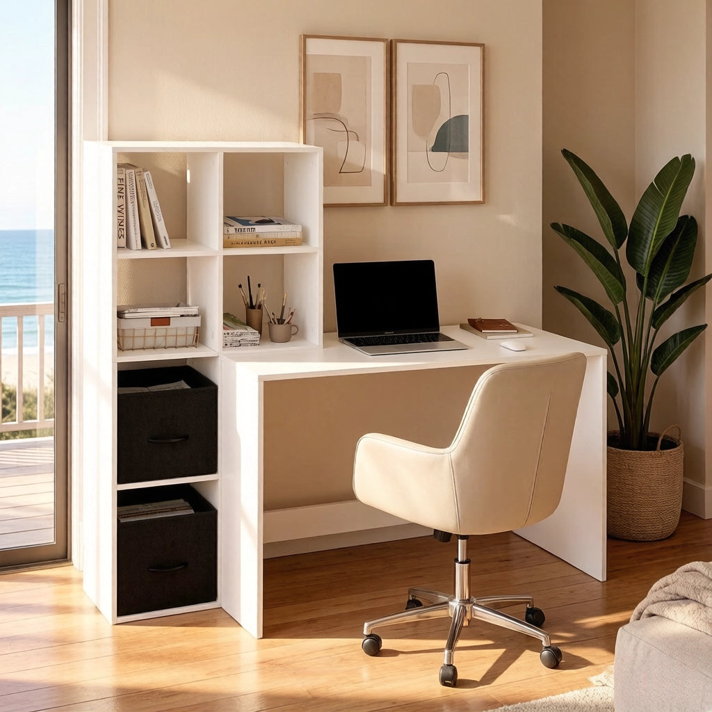 Scrivania con libreria e scomparti laterali con cassetti in tessuto in legno bianco moderna 110 × 74 × 50 cm