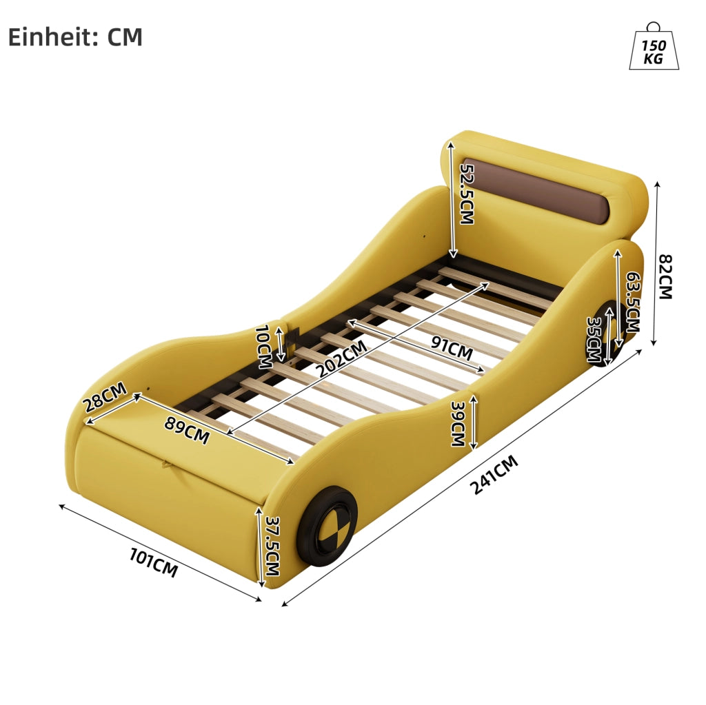 Letto imbottito a forma di auto 90×200 cm giallo con ruote luminose e vano portaoggetti