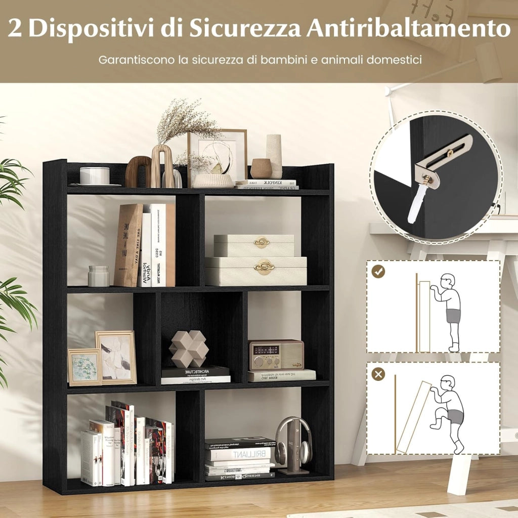Libreria a Cubi con 7 Scomparti, Mensola Espositiva per l'Archiviazione, Libreria in Legno con Dispositivi Anti-Ribaltamento, per Studio Soggiorno, 80x20x90 cm (Nero)