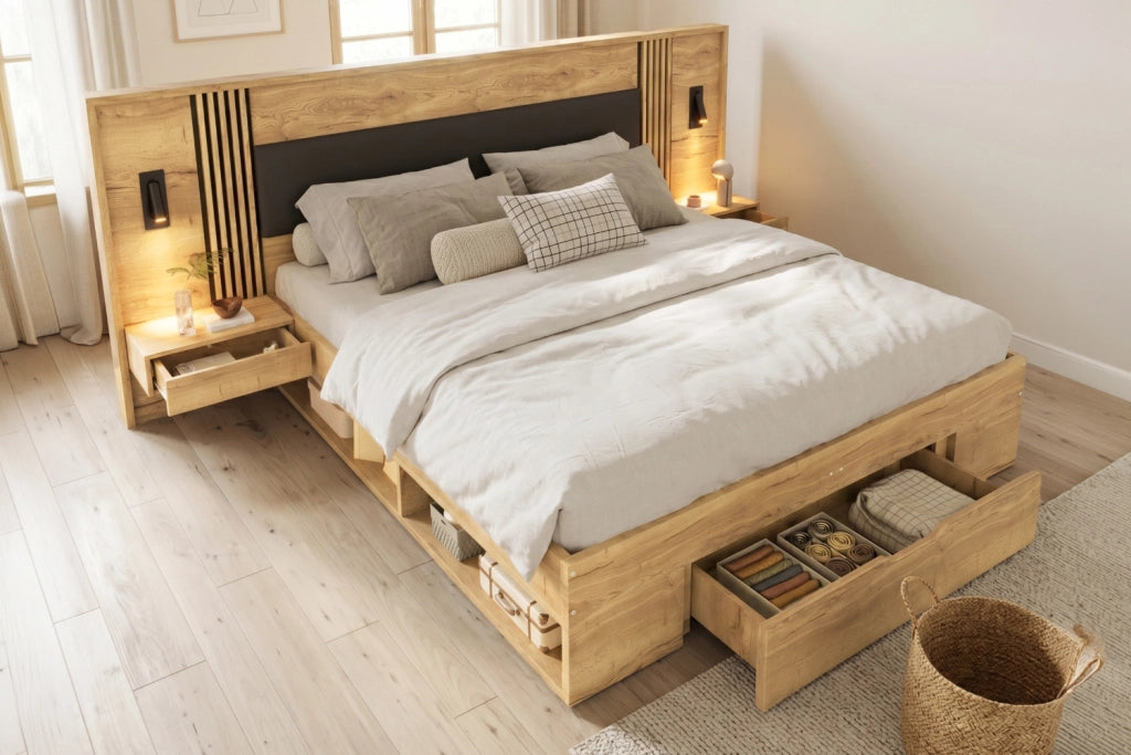 Letto 180 x 200 cm con 2 cassetti e 5 contenitori, 2 comodini integrati, MDF naturale, camera