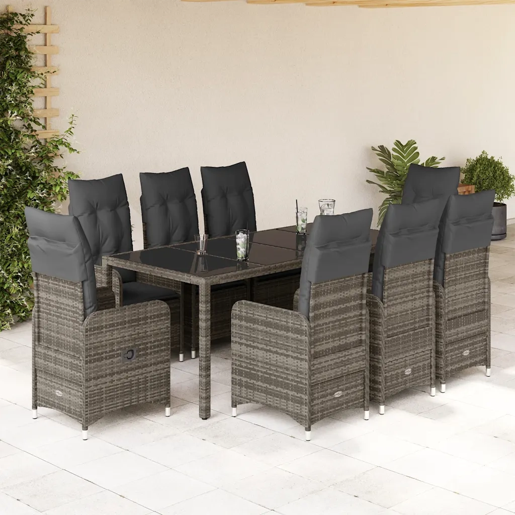 vidaXL Set Bistrò da Giardino 9 pz con Cuscini in Polyrattan Grigio