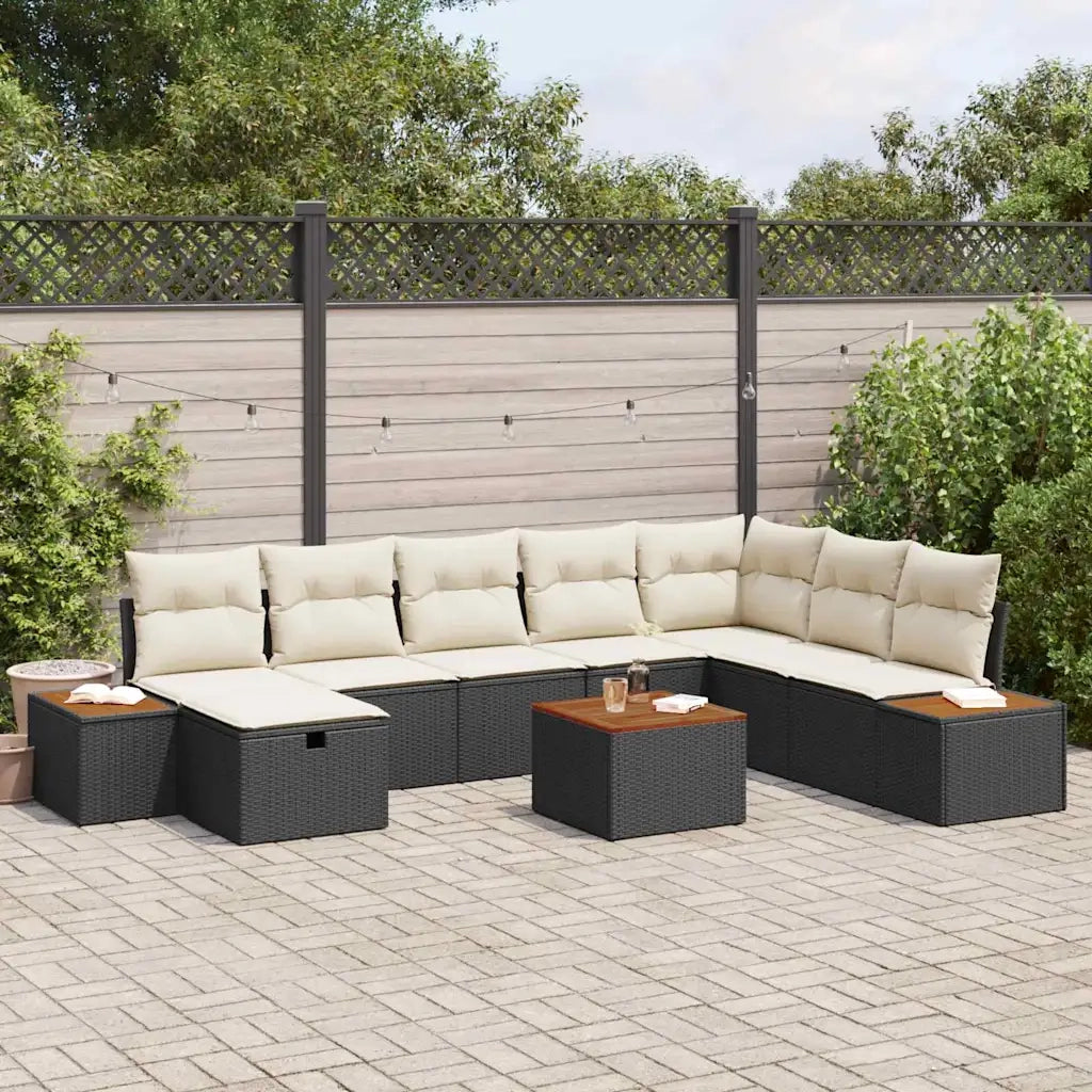 Set Divano da Giardino con cuscino 9 pcs Nero Poly Rattan