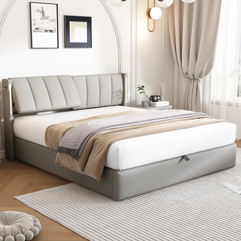 Letti contenitori 160x200 cm con USB e luci LED; PU; grigio (Senza materasso)