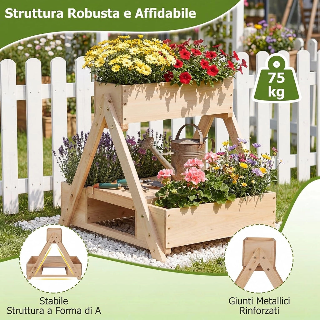 Fioriera Rialzata in Legno, Orto Rialzato da Giardino con 3 Vasi, Ripiano Aperto e Fori di Drenaggio, Fioriere Verticali da Esterno a Forma di A per Cortile e Balcone, 66 x 58 x 60 cm