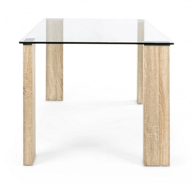 Tavolo da Pranzo Piano in Vetro Temperato con Gambe Effetto Legno - FELIX