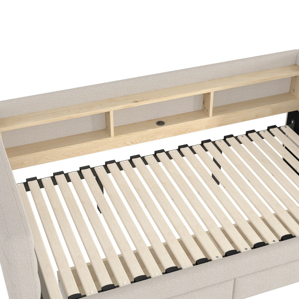 Letto estraibile singolo 90×190 cm con LED; USB; Type-C; 2 cassetti e vani; senza materasso; velluto beige