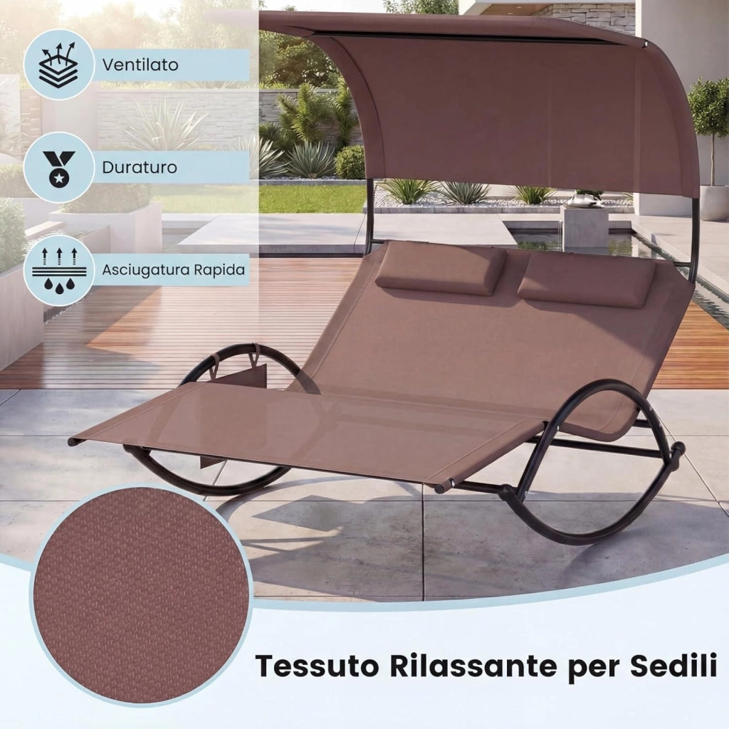 Lettino Prendisole a 2 Posti, Sdraio a Dondolo con Tetto Parasole, 2 Poggiatesta Staccabili e Tasca Portaoggetti Laterale, Tessuto Textilene, per Giardino e Terrazza, Portata 300 kg (Marrone)