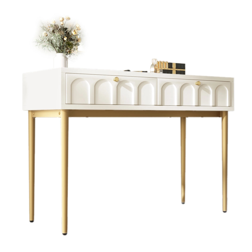 OKWISH Toeletta con 2 Cassetti, Contenitore Compatto, per Camera da Letto, in Legno e Metallo, Bianco Crema, 100×45×76.5 cm