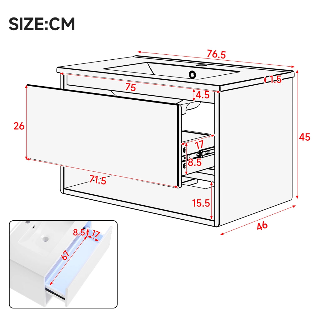 Mobile sottolavabo con LED, 1 cassetto e vano aperto, lavandino in ceramica, per bagno, bianco, 76.5 × 46 × 45 cm