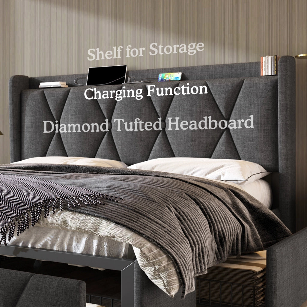 DESMIU Letto contenitore matrimoniale 140 × 200 cm con 4 cassetti, USB e materasso incluso, grigio