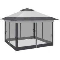 Gazebo Pieghevole 3.6x3.6m con Prese d'Aria e Zanzariere, in Acciaio e Tessuto Oxford, Grigio
