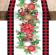 Tavolo da Natale con cipolle di bufalo, mele d'albero di pino con fiori rossi, tovaglia da tavolo per festa di Natale invernale (33 x 183 cm, Stile 1)