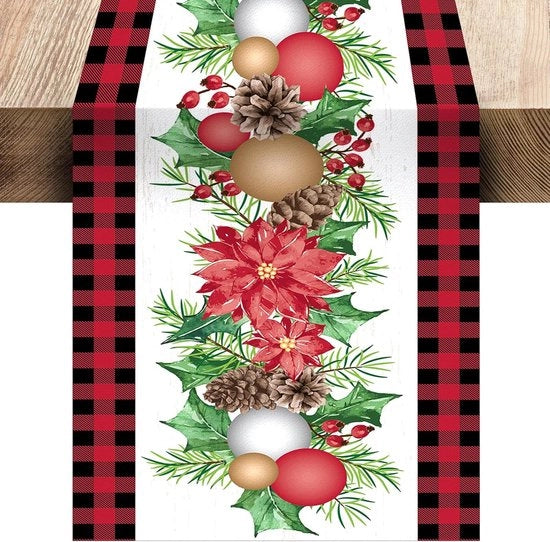 Tavolo da Natale con cipolle di bufalo, mele d'albero di pino con fiori rossi, tovaglia da tavolo per festa di Natale invernale (33 x 183 cm, Stile 1)