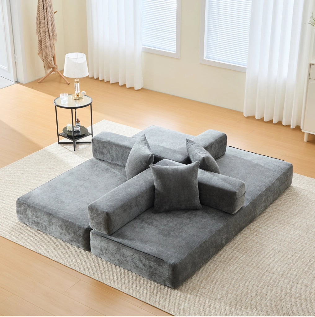 Divano modulare in chenille grigio scuro; con tasche laterali; base antiscivolo; 198x79x60 cm