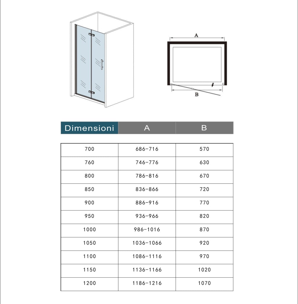 76x195 cm Porta Doccia Per Nicchia Battente e Pieghevole a Libro In Vetro Temperato Trasparente Anticalcare Da 6 mm