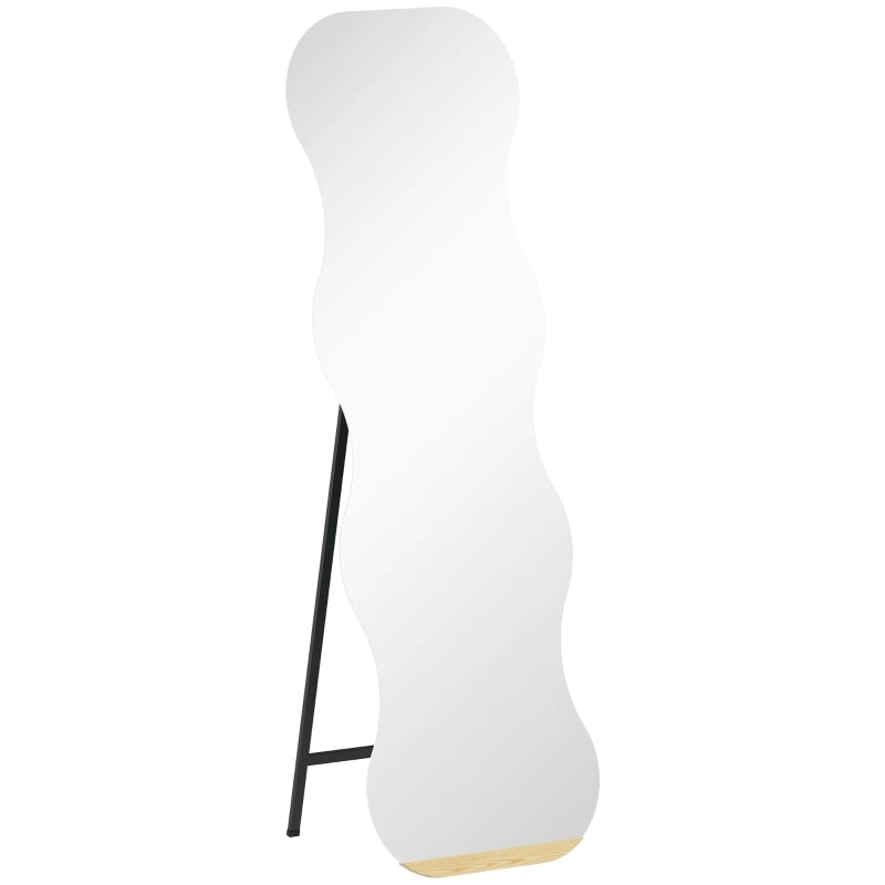 Specchio a figura intera senza cornice, base in legno, posizionabile in modo flessibile, forma ondulata, nero
