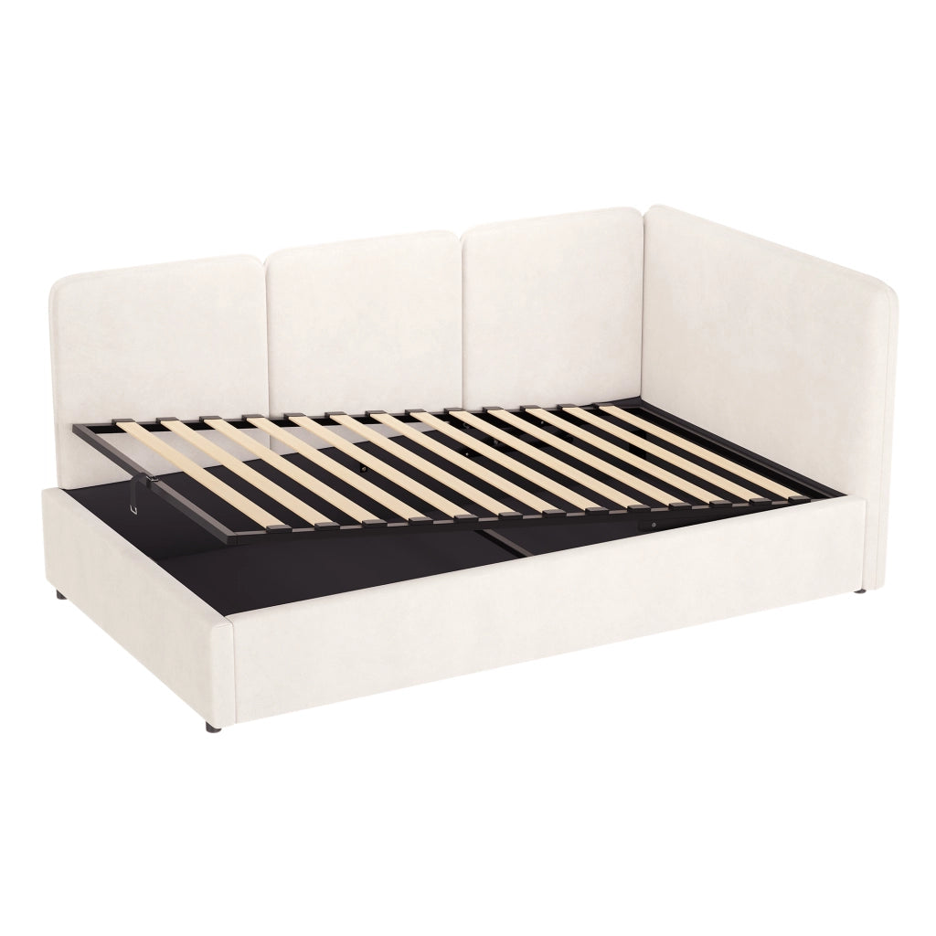 Letto daybed 90x200 cm in velluto beige con contenitore idraulico, testiera imbottita e montaggio reversibile