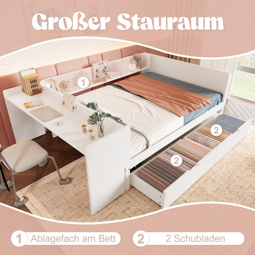 LETTO matrimoniale 140x200 cm bianco in pino, con scrivania, cassetti e ripiani