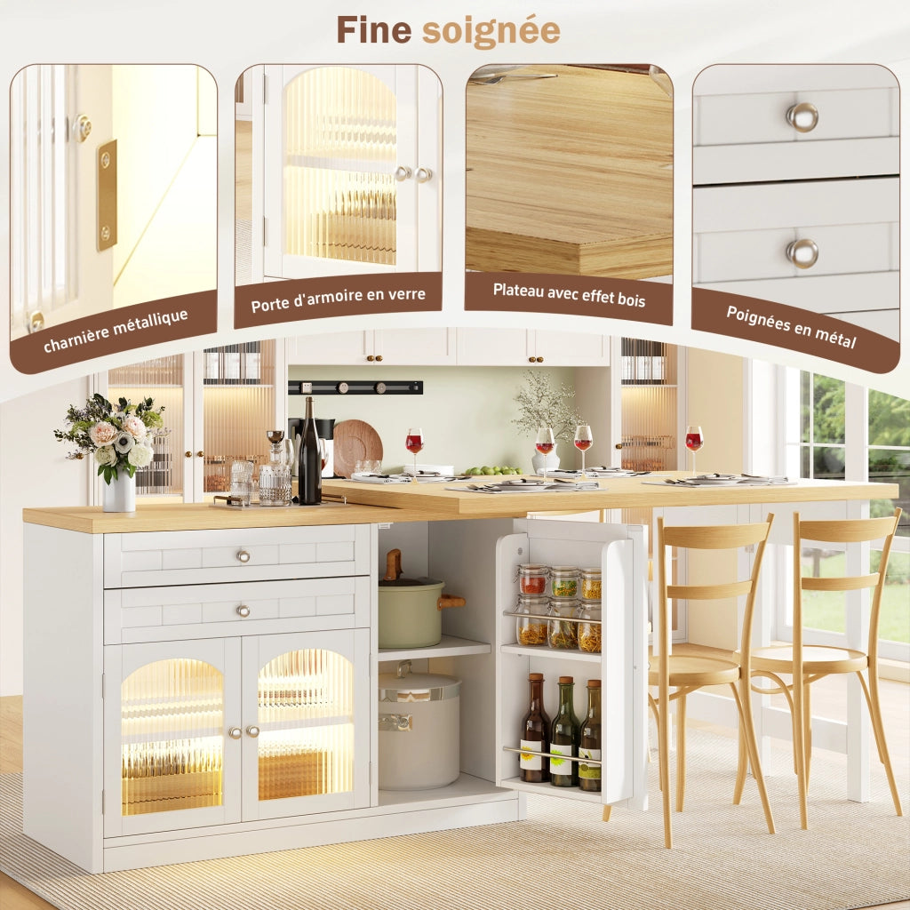 Tavolo da pranzo estensibile con piano girevole a 360°; 2 cassetti e ante in vetro; 120 × 40 × 73;5 cm