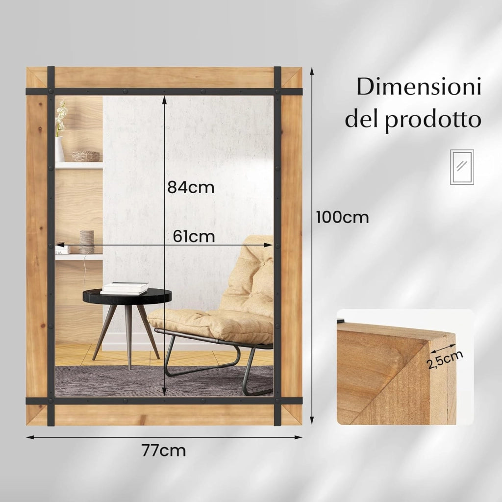 Specchio da Parete 77 x 100 CM, Specchio Rettangolare con Cornice in Legno di Abete, Specchio da Parete per Bagno Ingresso e Camera da Letto