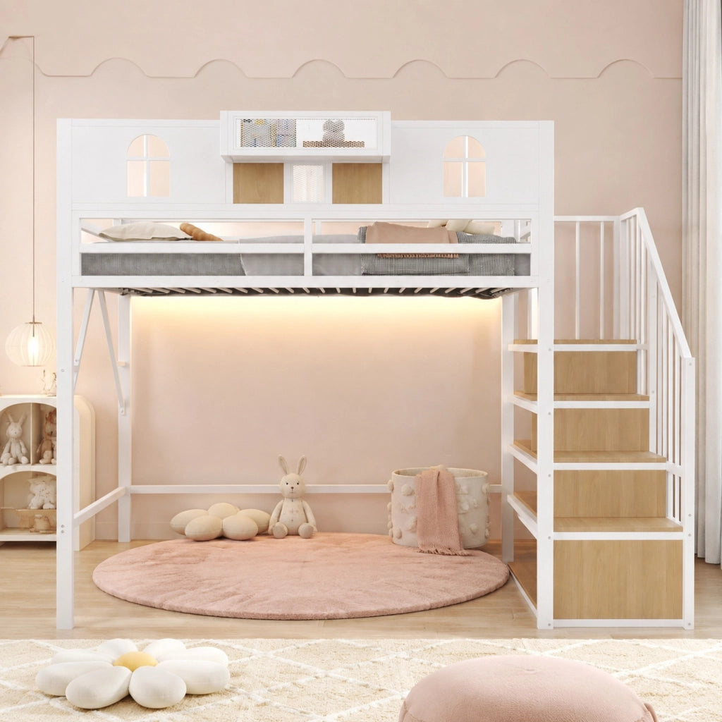Letto a soppalco singolo 90×200 cm con scala contenitore; ripiani e luce; senza materasso; metallo; bianco