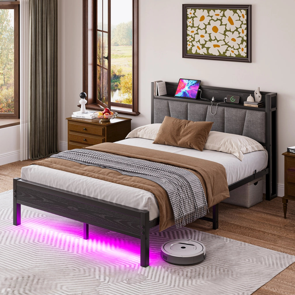 Letto ULEVR 140x190 cm con testiera contenitore, LED, 2 USB e presa, struttura in metallo e MDF nera