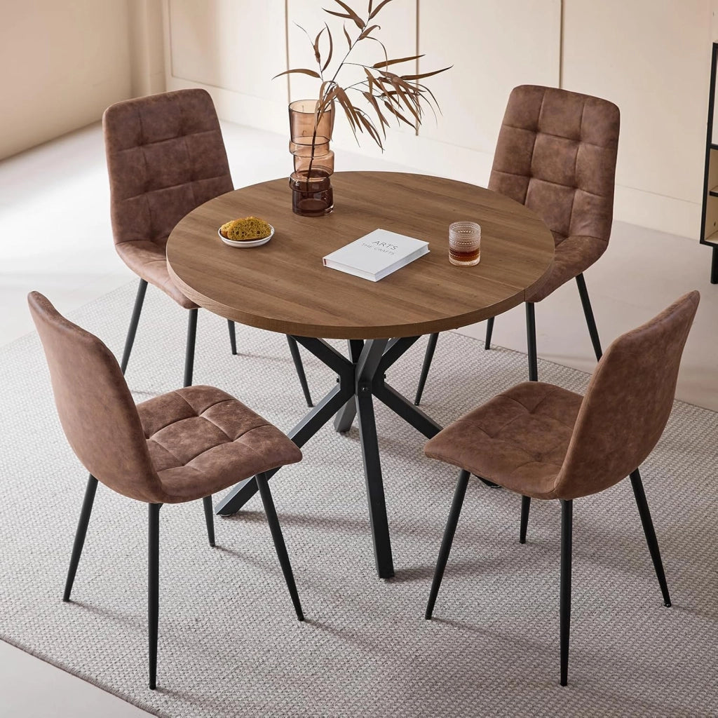GrandCA HOME Set Tavolo e Sedie da Pranzo, 4 Sedie da Pranzo in Velluto a Coste Nero e un Tavolo da Pranzo Rotondo Moderno da 100 cm, adatti per Cucina e Soggiorno (Pietra di Grotta Gialla)