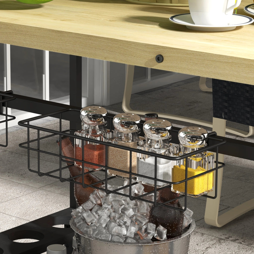 Carrello servitore da giardino a 2 livelli in legno di abete con cesto metallico e portabottiglie