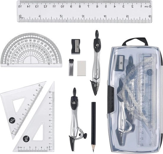 Set Geometrico - 10 Pezzi Righello Proiettore Compasso Ricariche Matite Grafite Sfumino per Studenti Disegni Tecnici