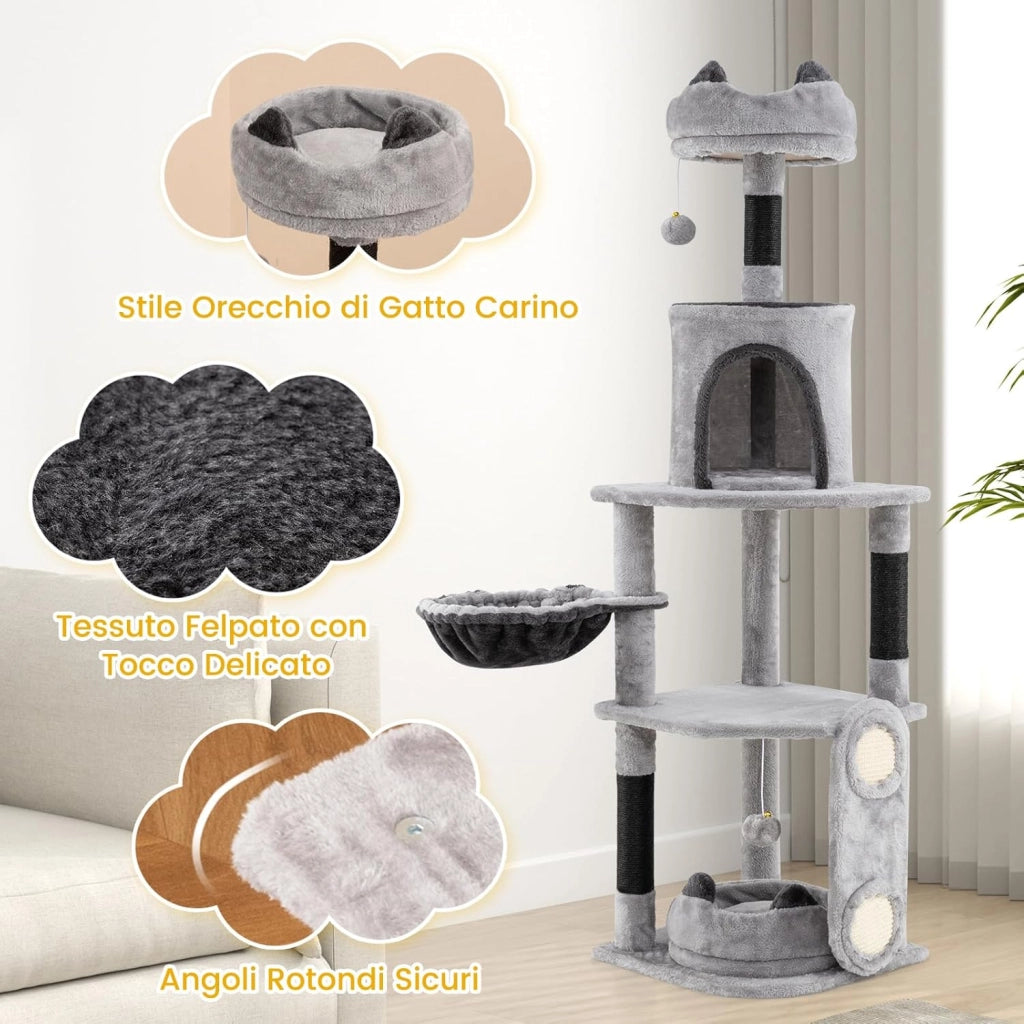 Tiragraffi per Gatti Alto 144 cm, Albero Tiragraffi Gatto con 3 Pali in Sisal, Amaca, 2 Pompom e Grotta, Cuccia Albero Gatto Imbottito in Peluche con Tavola in Sisal, Grigio