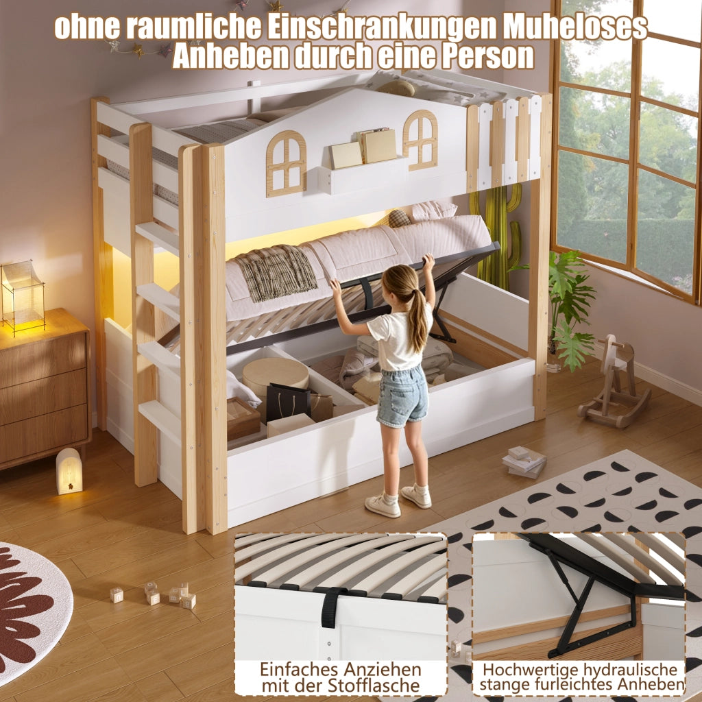 LETTO A CASTELLO 90x200 cm in pino massello e MDF, design casetta, bianco/naturale