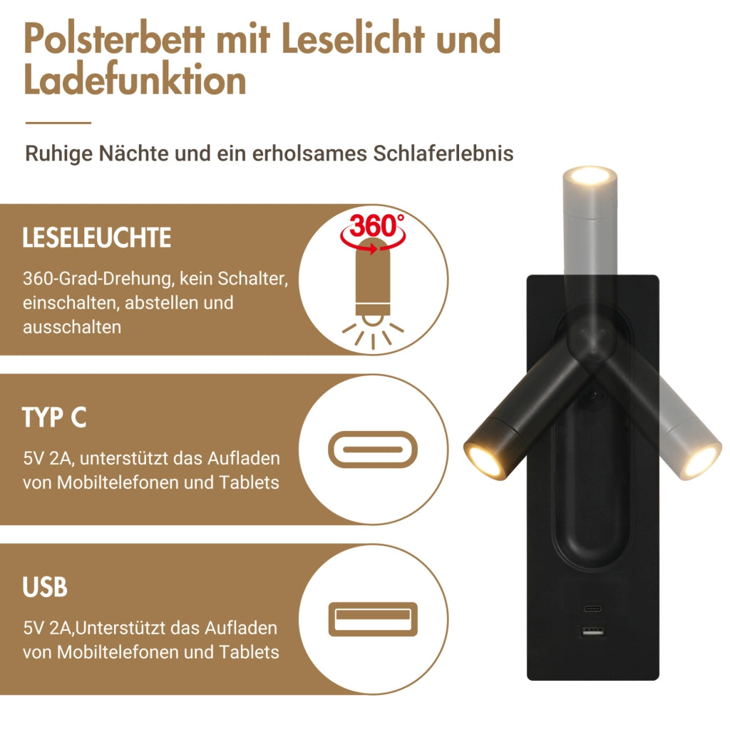 Letto imbottito 180 x 200 cm grigio con vano contenitore, luce e ricarica USB-C