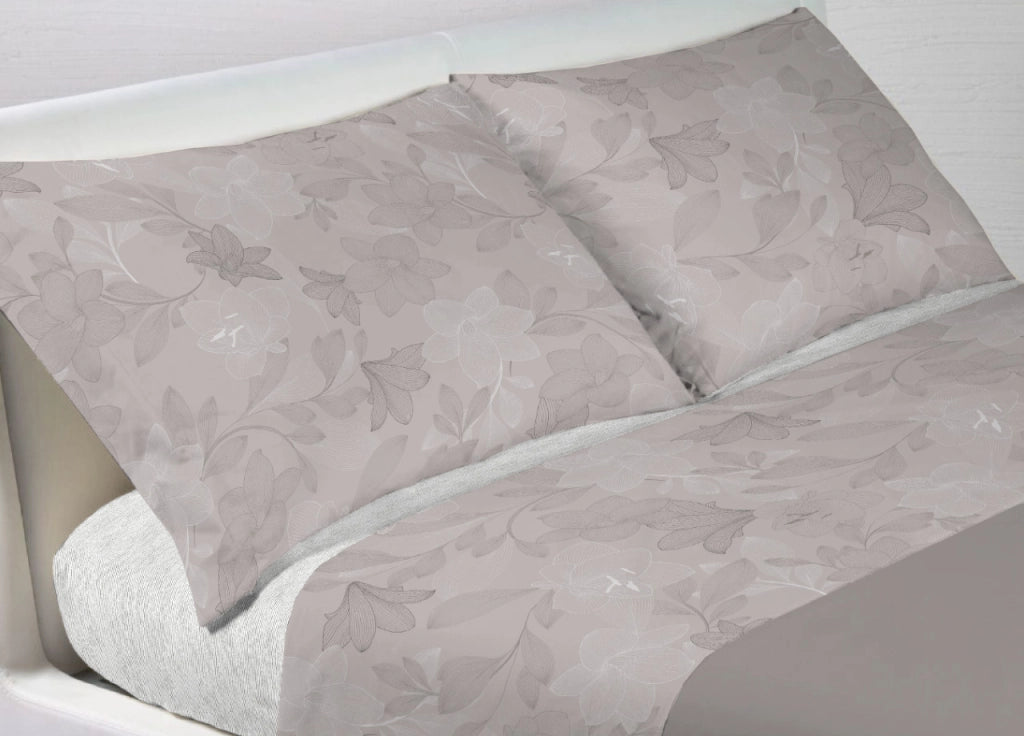 Completo Lenzuola Letto In 100% Cotone Made Italy Disegno Lily - Matrimoniale - Beige