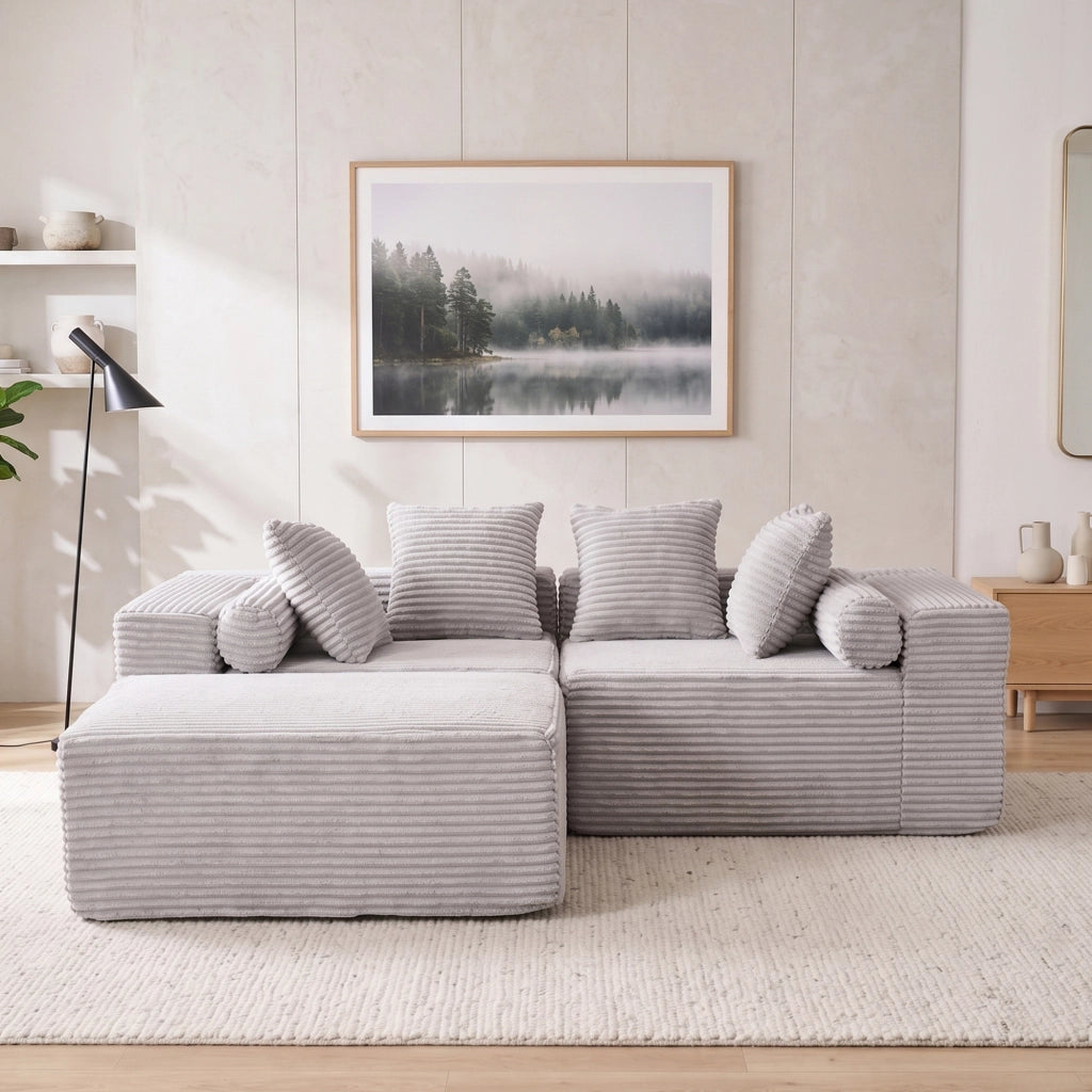 Divano modulare angolare con chaise longue senza montaggio in schiuma e molle grigio per soggiorno e appartamenti
