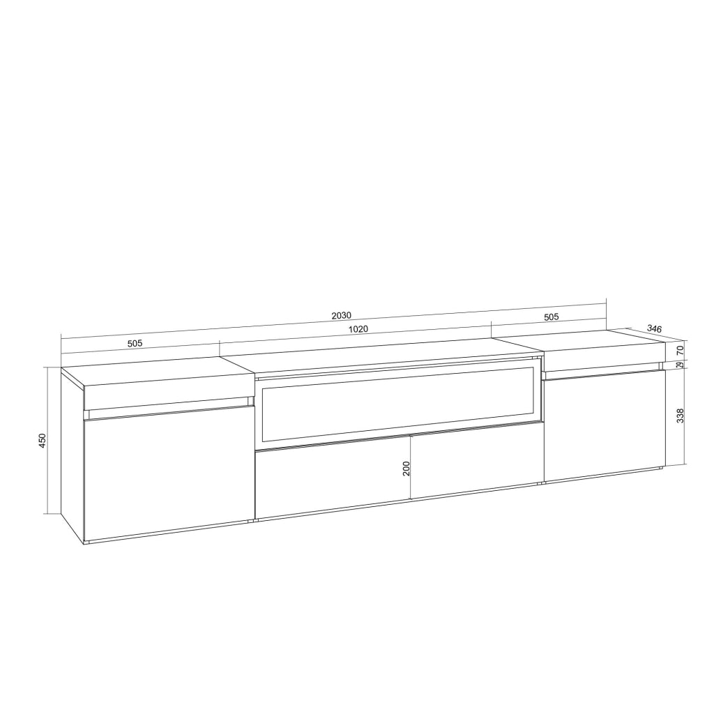 Mobile TV Soggiorno, 200x45x35cm, Per TV fino a 80", Camino elettrico, Bianco e Rovere soft