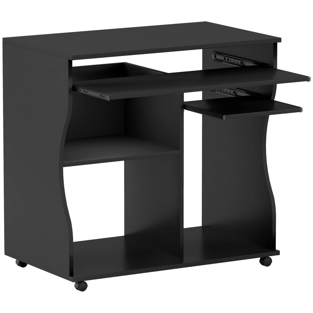 Scrivania lineare con ruote e vassoio tastiera per ufficio e piccoli spazi in legno nero 80 × 48 × 75 cm